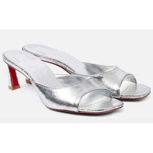 Christian Louboutin Condora Mule 55 Silver Backless Sandal Kitten Heel Pump 38.5